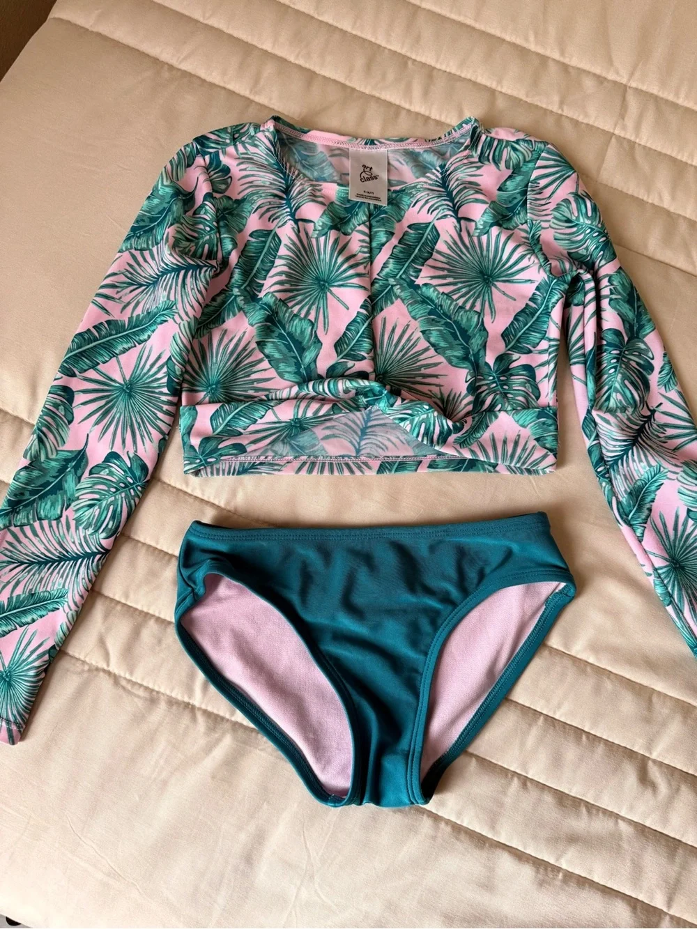 art class Tropical Palm Print Girls Swim Set in Pink and Teal